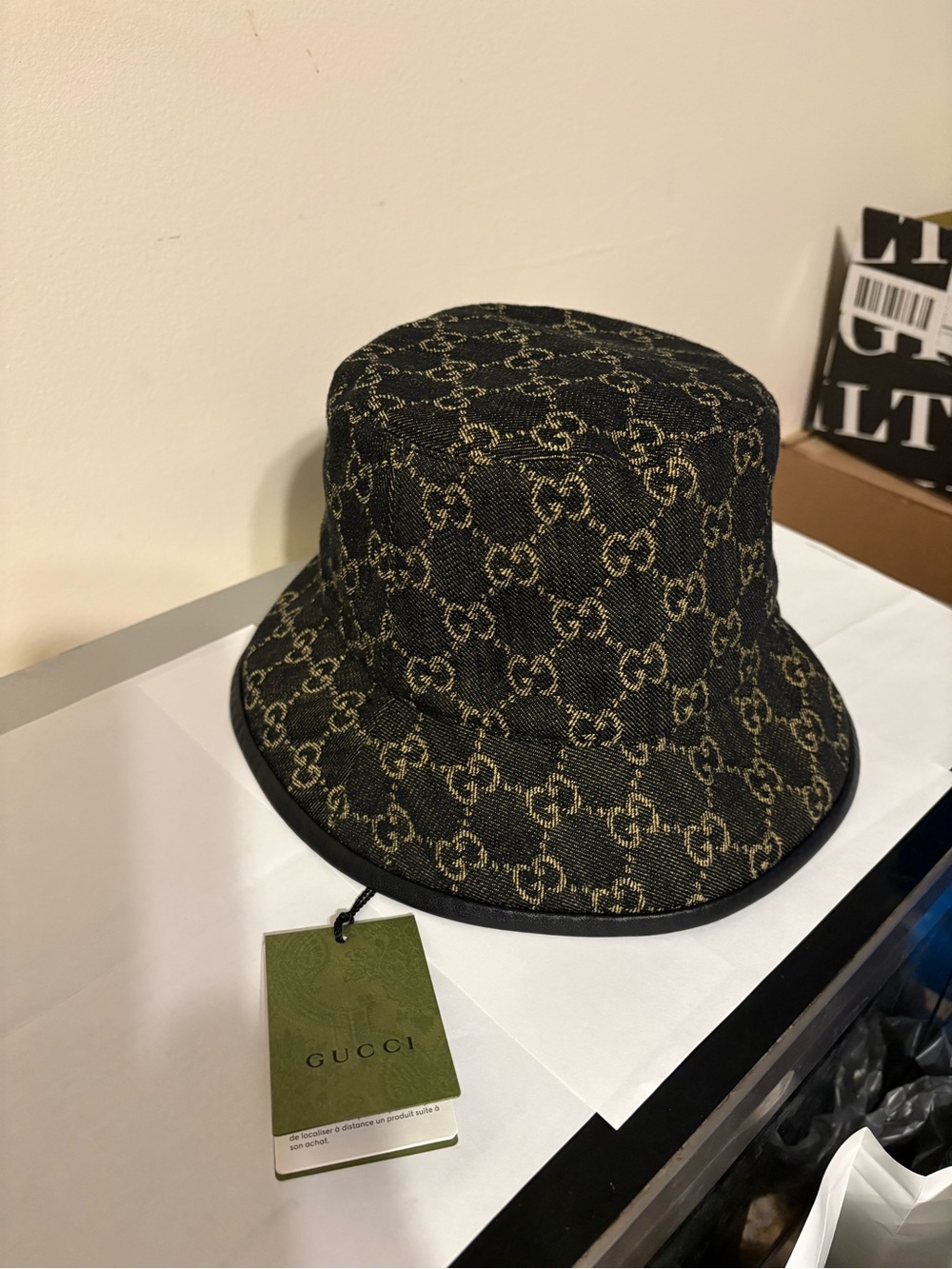 Authentic Gucci New with tags L59cm Black and Gold GG Cotton Bucket Hat Unisex.